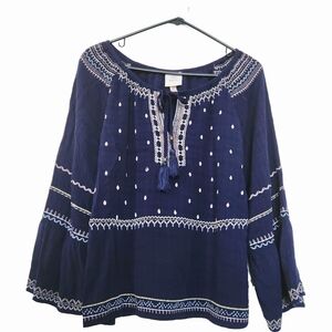 Knox Rose Dark Blue Embroidered Blouse Flounce Sleeve Size M Boho